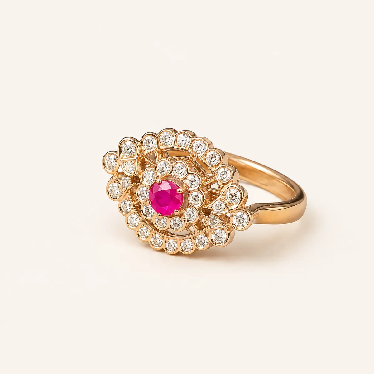 Pink stone cocktail ring with double diamond halo