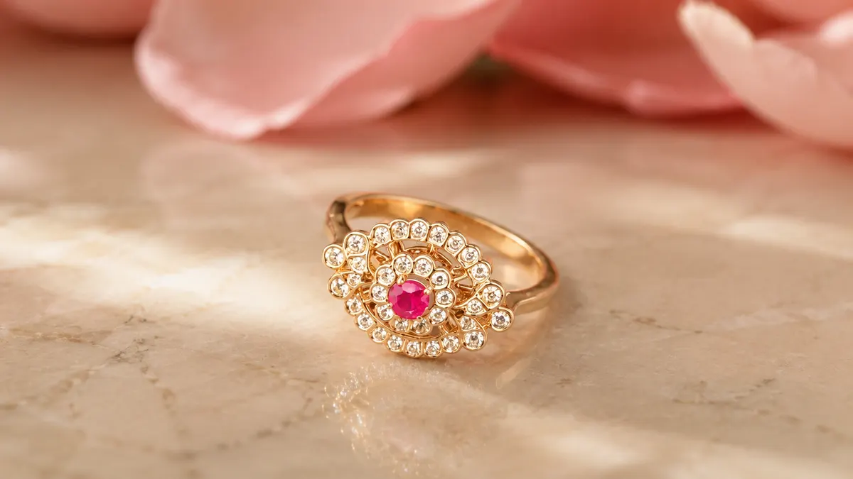 Rosé halo cocktail ring on cream marble with rose petals