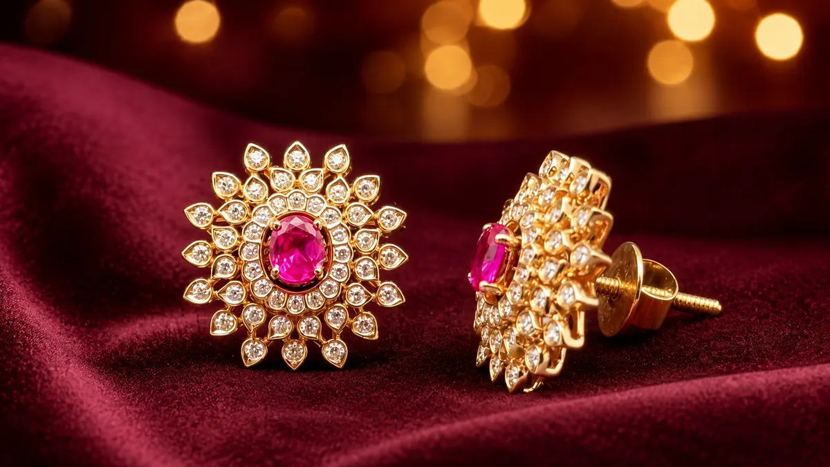 Ruby sunburst earrings on burgundy raw silk
