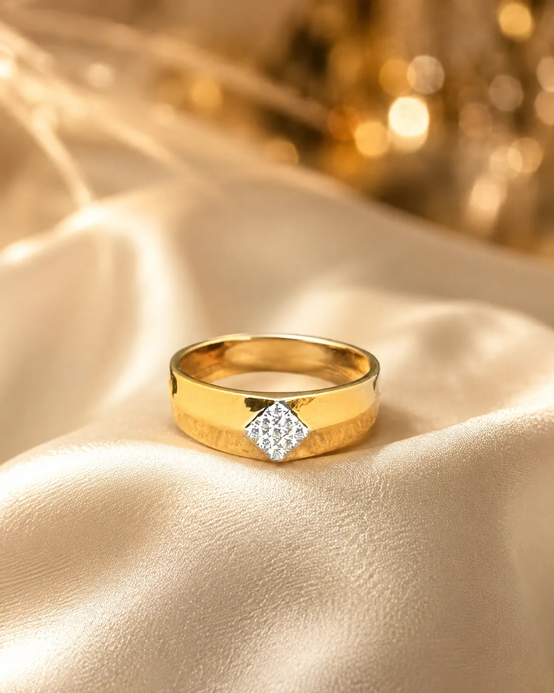 Two-tone gold band with kite-shaped diamond pavé cluster