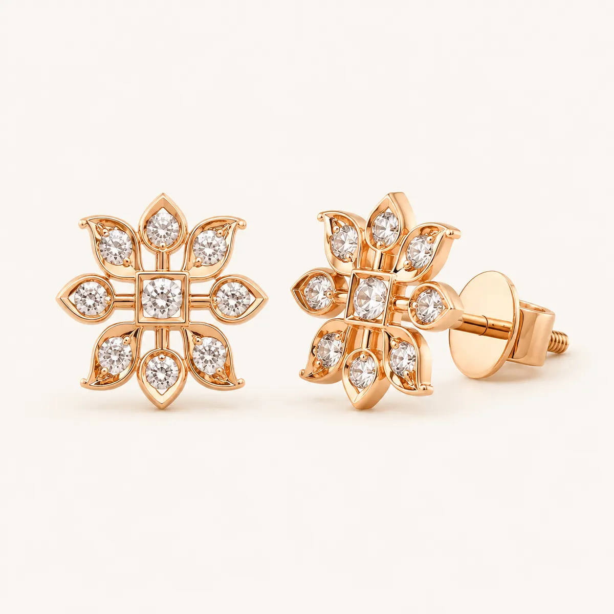 Gold eight-petal sunburst diamond stud earrings